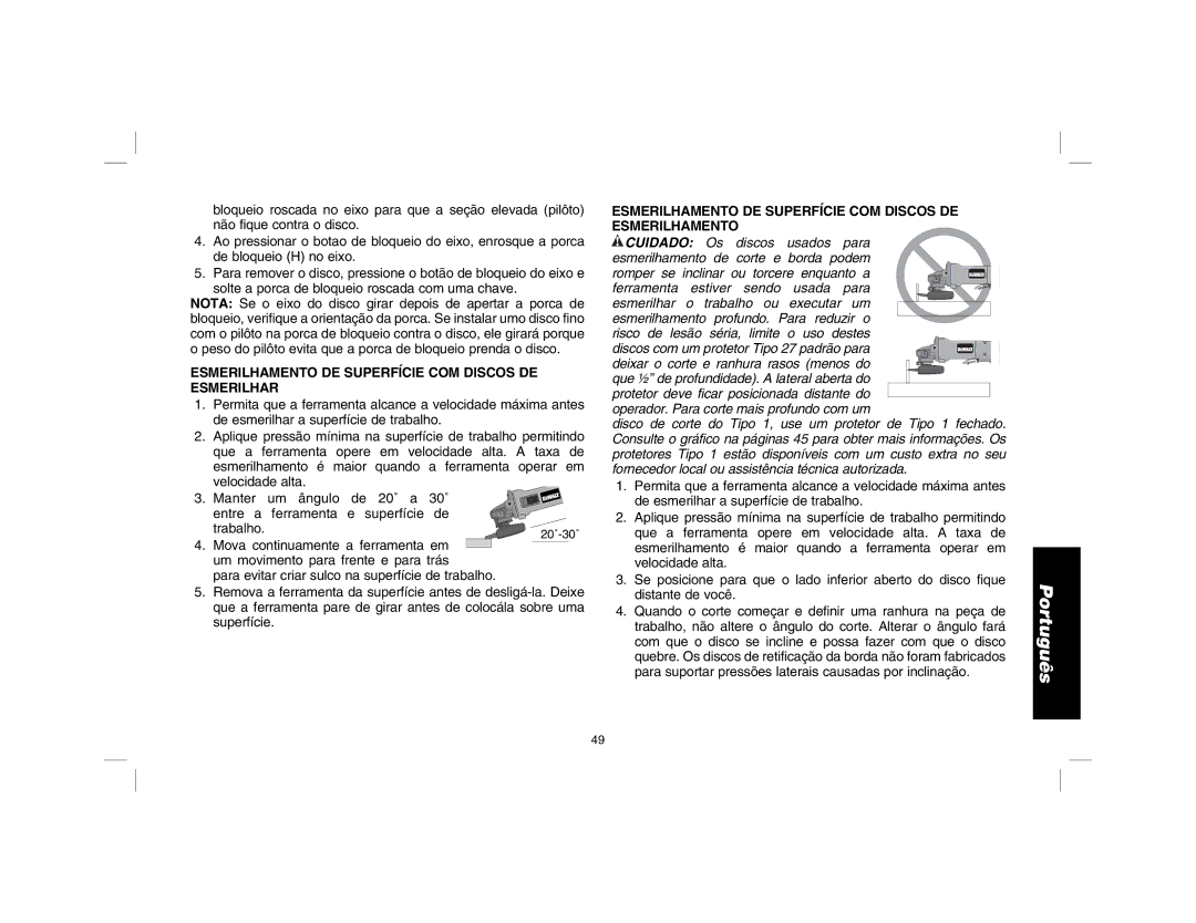 DeWalt D28114R instruction manual Esmerilhamento DE Superfície COM Discos DE Esmerilhar 