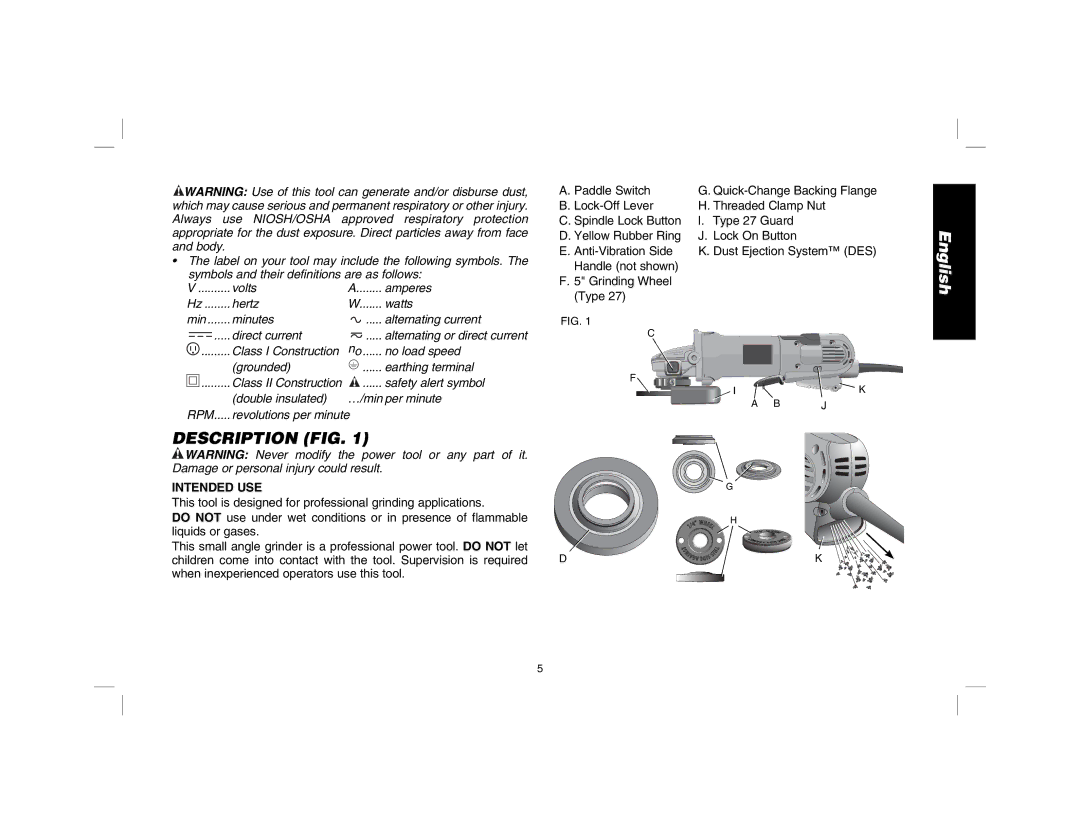 DeWalt D28114R instruction manual Description FIG, Intended USE 