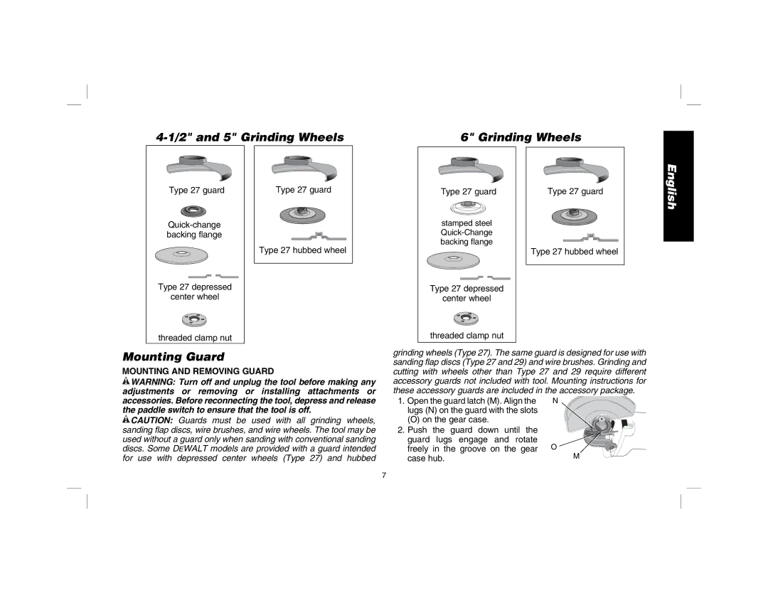 DeWalt D28114R instruction manual and 5 Grinding Wheels, Mounting Guard, Mounting and Removing Guard 