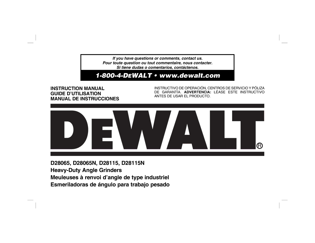 DeWalt D28115R instruction manual Guide D’UTILISATION Manual DE Instrucciones 