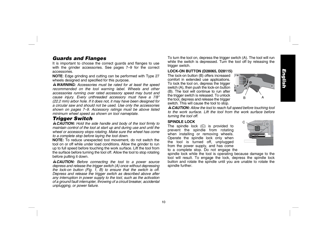 DeWalt D28115R instruction manual Guards and Flanges, Trigger Switch, Spindle Lockc 