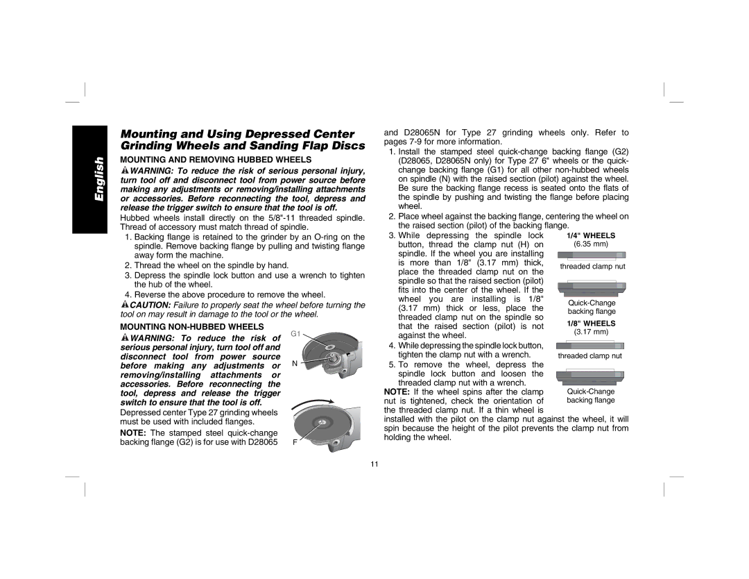 DeWalt D28115R instruction manual Mounting and Removing Hubbed Wheels, Mounting NON-HUBBED Wheels 