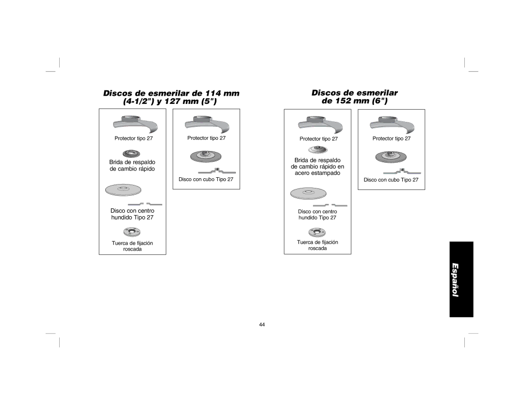 DeWalt D28115R instruction manual Discos de esmerilar de 114 mm 4-1/2 y 127 mm De 152 mm 