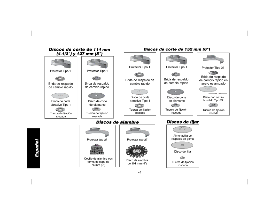 DeWalt D28115R instruction manual Discos de corte de 114 mm, Discos de alambre, Discos de lijar 