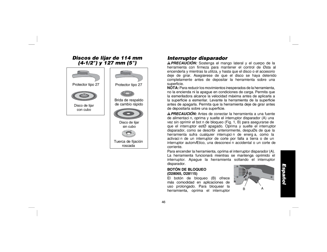 DeWalt D28115R instruction manual Discos de lijar de 114 mm 2 y 127 mm Interruptor disparador, Botón DE Bloqueo 