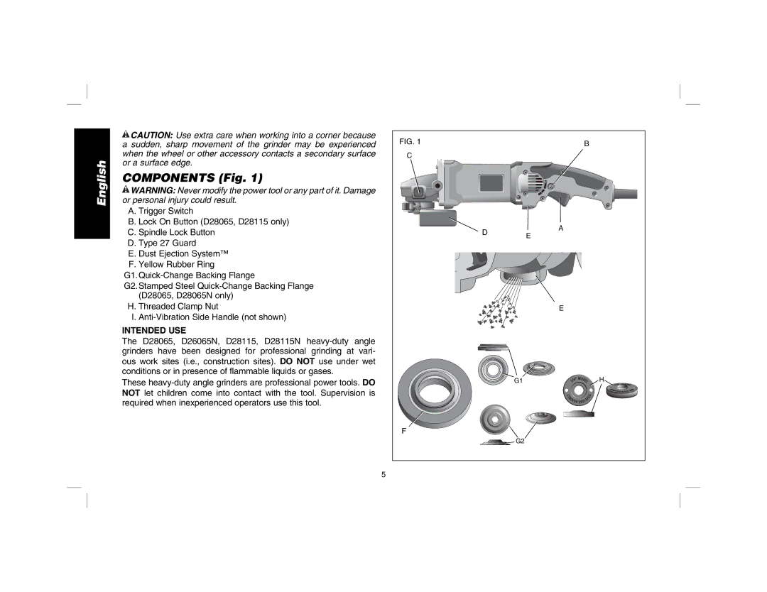 DeWalt D28115R instruction manual Components Fig, Intended USE 