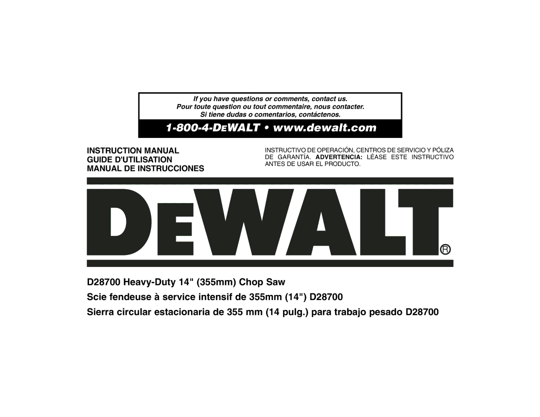 DeWalt 621106-00, D28700 instruction manual Guide Dutilisation Manual DE Instrucciones 