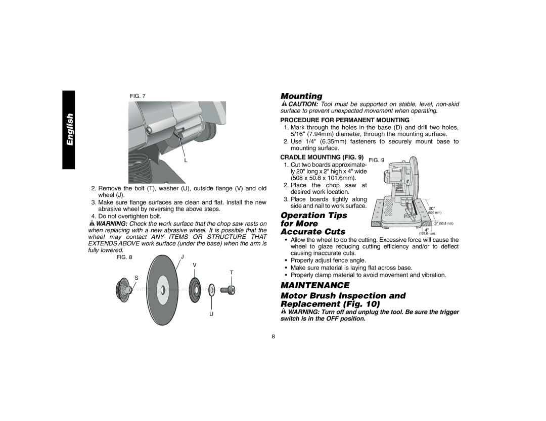 DeWalt D28700 Mounting, Operation Tips for More Accurate Cuts, Maintenance, Motor Brush Inspection Replacement Fig 