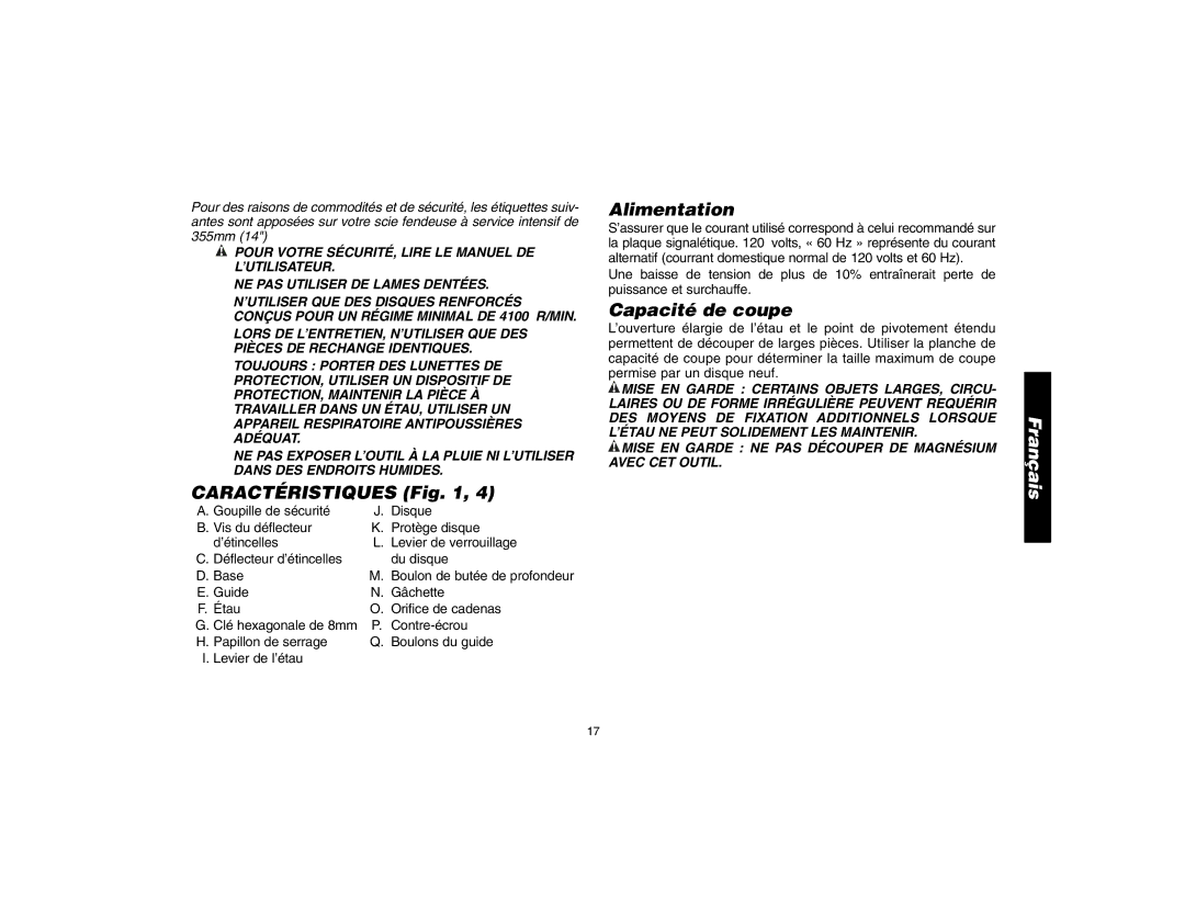 DeWalt 621106-00, D28700 instruction manual Caractéristiques, Alimentation, Capacité de coupe 