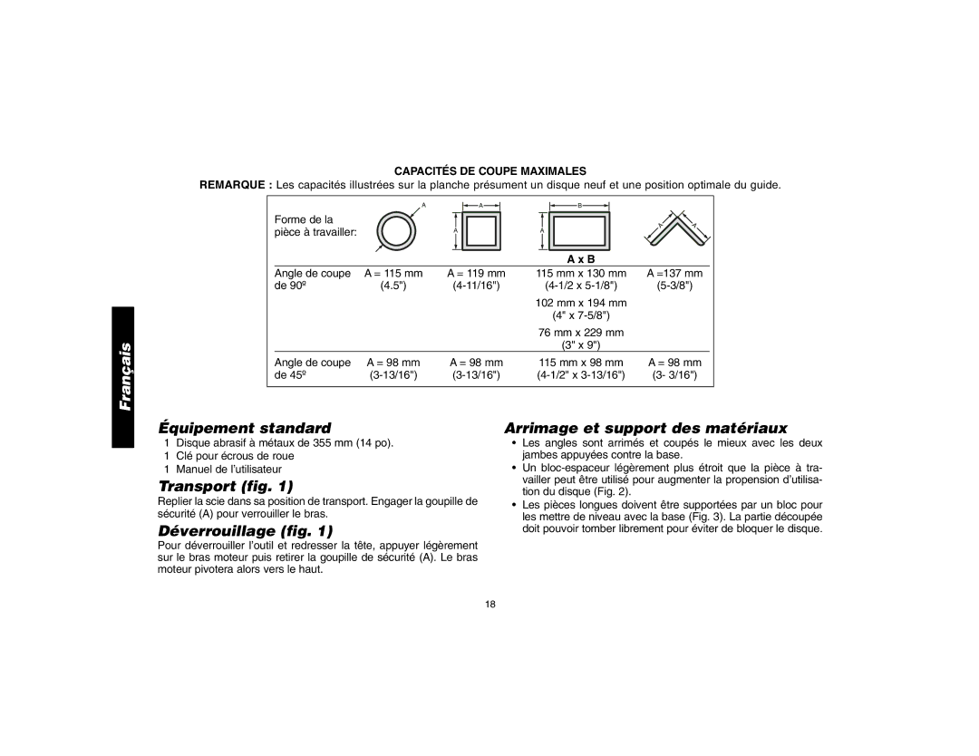 DeWalt D28700, 621106-00 Équipement standard, Transport fig, Déverrouillage fig, Arrimage et support des matériaux 