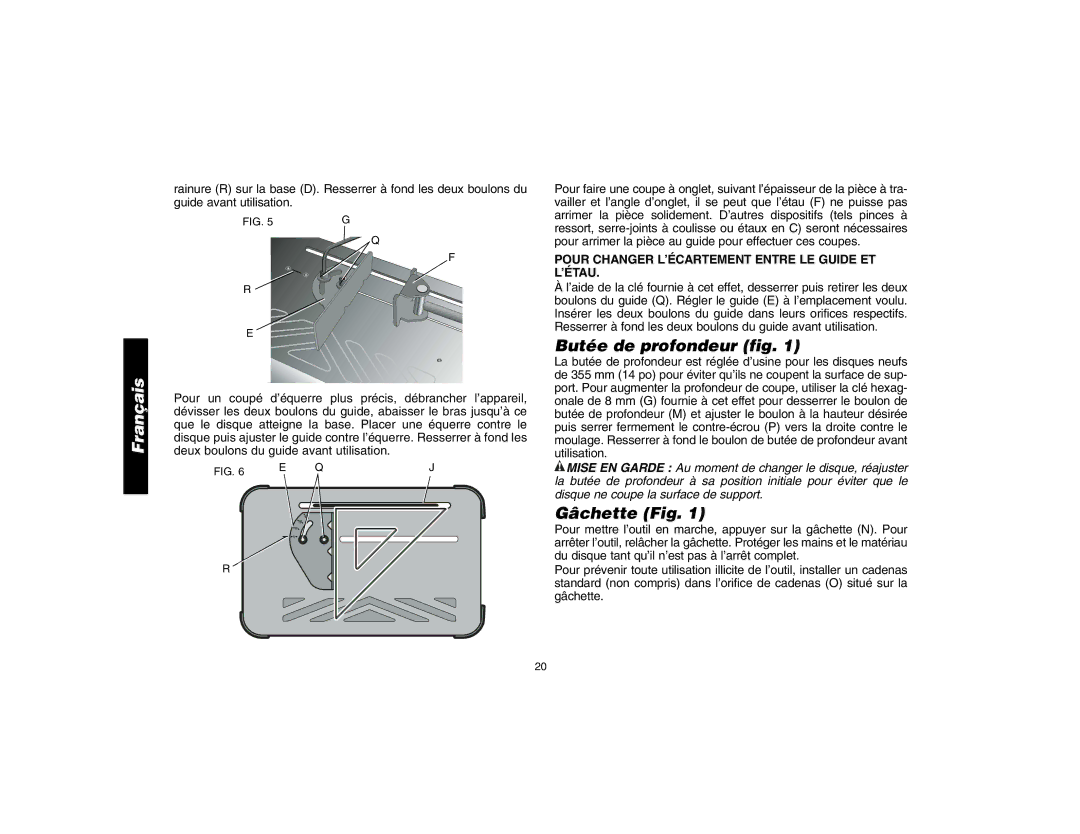 DeWalt D28700, 621106-00 Butée de profondeur fig, Gâchette Fig, Pour Changer L’ÉCARTEMENT Entre LE Guide ET L’ÉTAU 