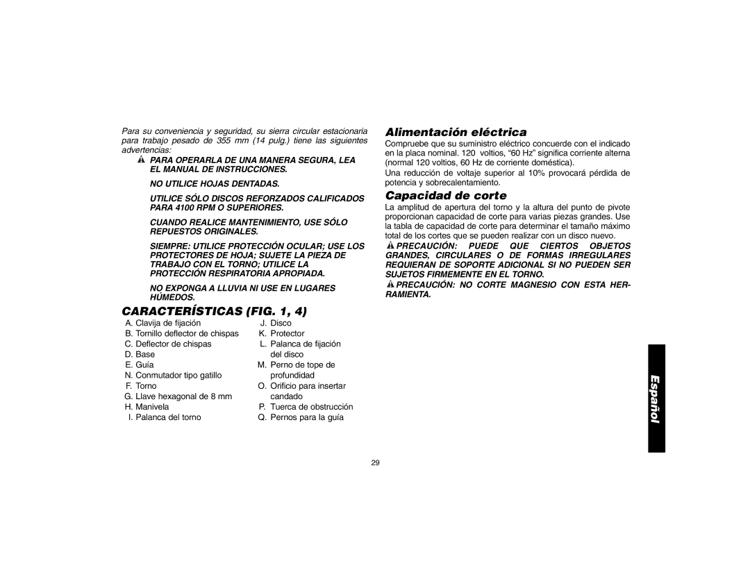 DeWalt 621106-00, D28700 instruction manual Características, Alimentación eléctrica, Capacidad de corte 