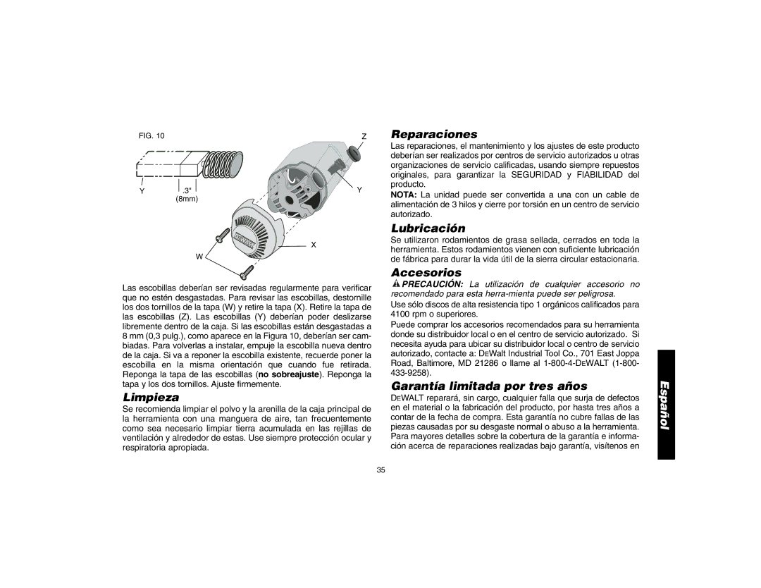 DeWalt 621106-00, D28700 instruction manual Limpieza, Reparaciones, Lubricación, Accesorios, Garantía limitada por tres años 