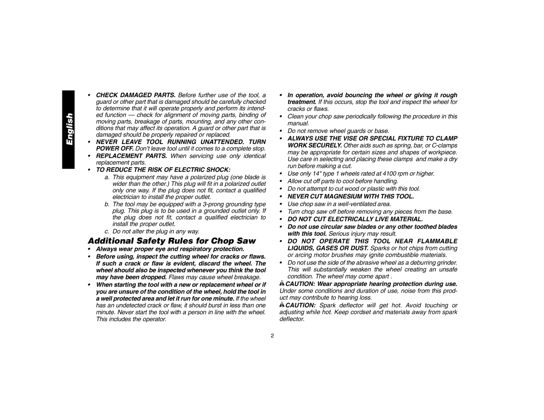 DeWalt D28700, 621106-00 instruction manual Additional Safety Rules for Chop Saw, To Reduce the Risk of Electric Shock 