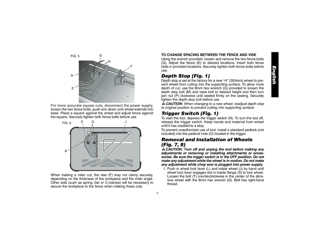 DeWalt 621106-00, D28700 instruction manual Depth Stop Fig, Trigger Switch Fig, Removal and Installation of Wheels 