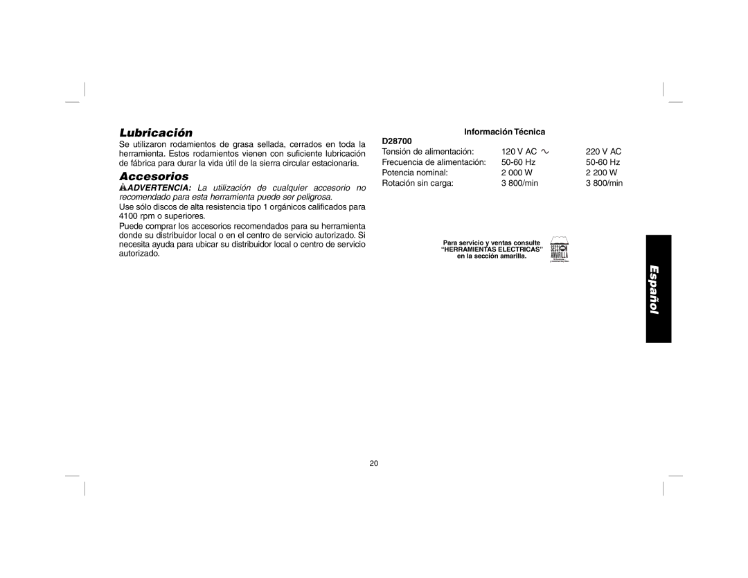 DeWalt D28700 instruction manual Lubricación, Accesorios 