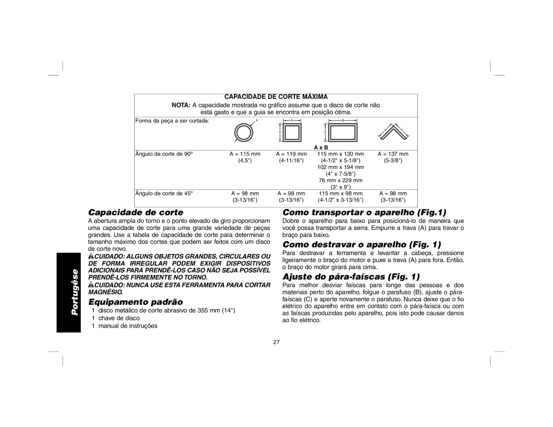 DeWalt D28700 Capacidade de corte, Equipamento padrão, Como transportar o aparelho, Como destravar o aparelho Fig 