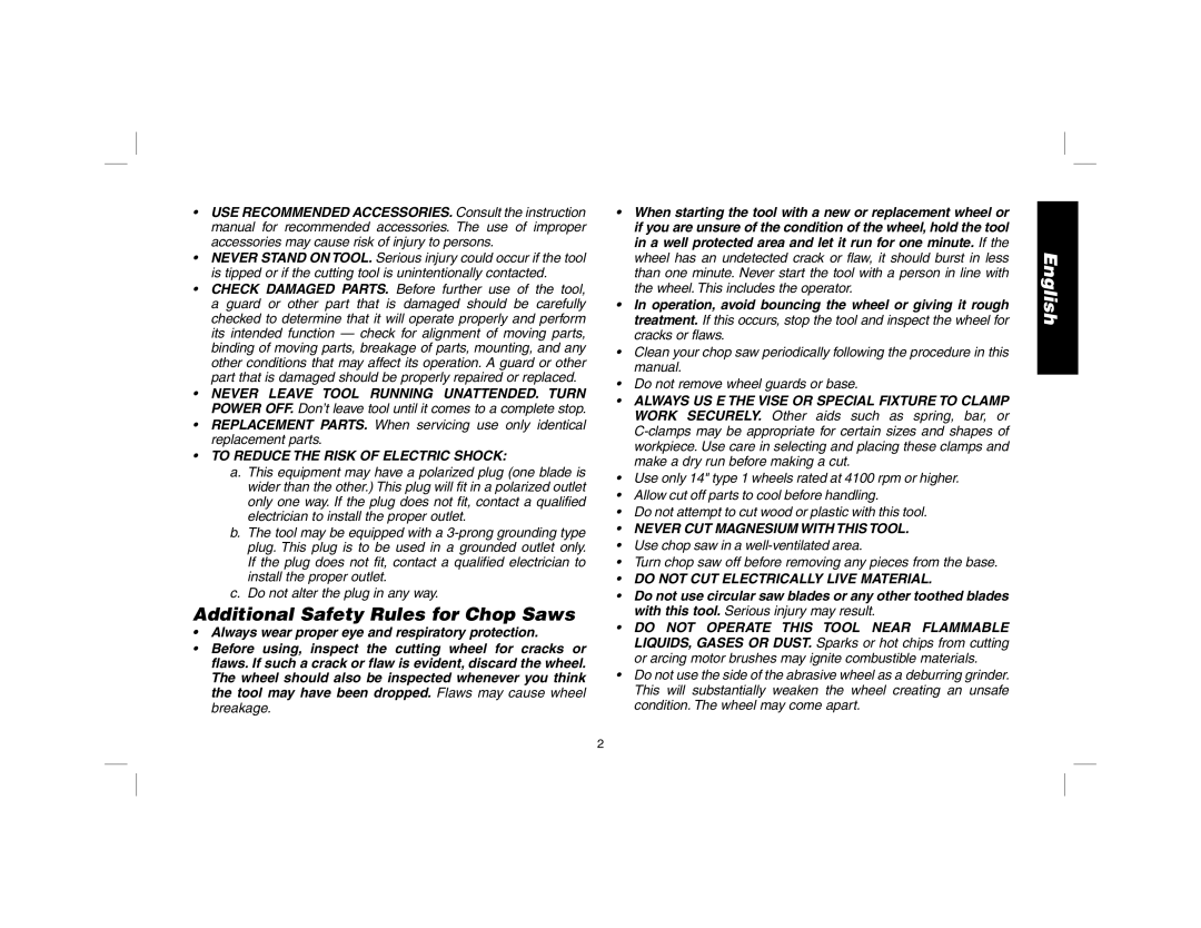 DeWalt D28700 instruction manual Additional Safety Rules for Chop Saws, To Reduce the Risk of Electric Shock 