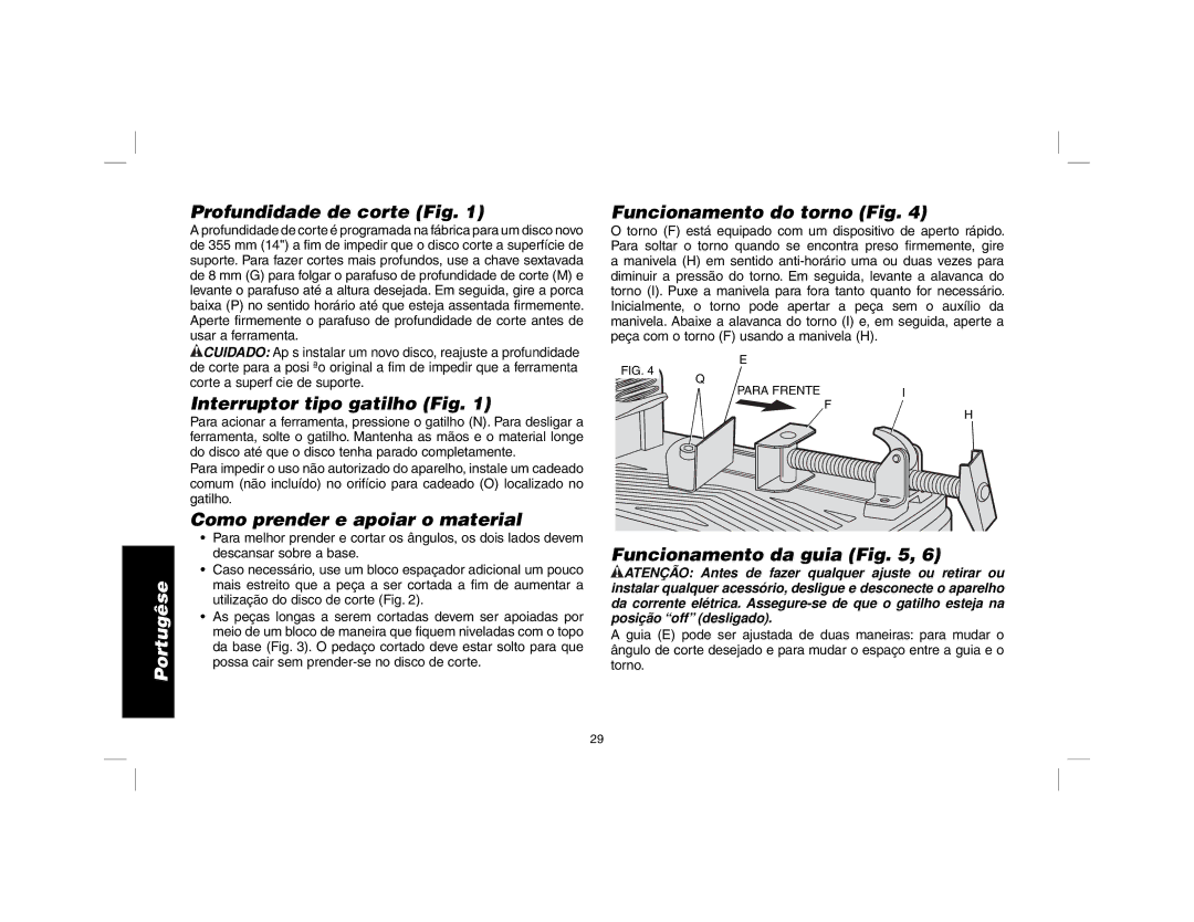 DeWalt D28700 Profundidade de corte Fig, Funcionamento do torno Fig, Interruptor tipo gatilho Fig, Funcionamento da guia 