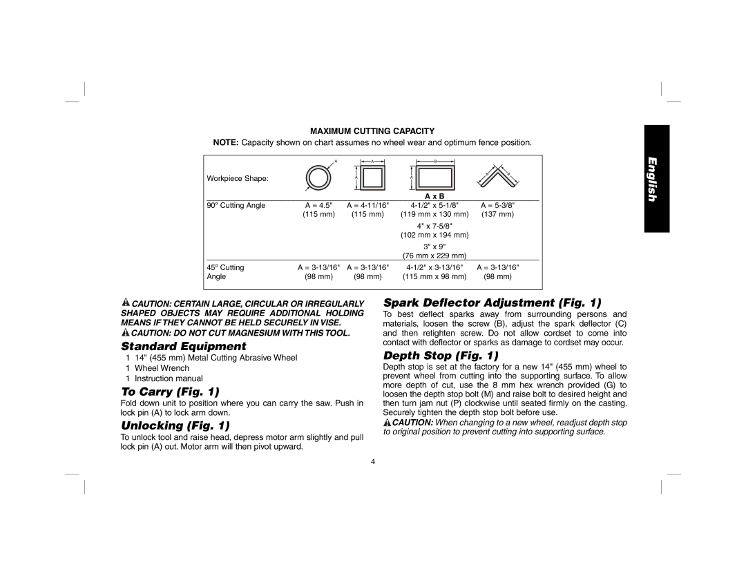 DeWalt D28700 Standard Equipment, To Carry Fig, Unlocking Fig, Spark Deflector Adjustment Fig, Depth Stop Fig 