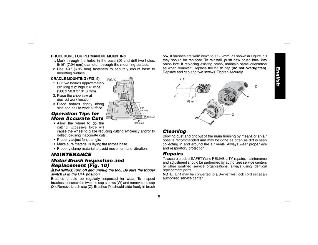 DeWalt D28700 Operation Tips for More Accurate Cuts, Maintenance, Motor Brush Inspection Replacement Fig, Cleaning 