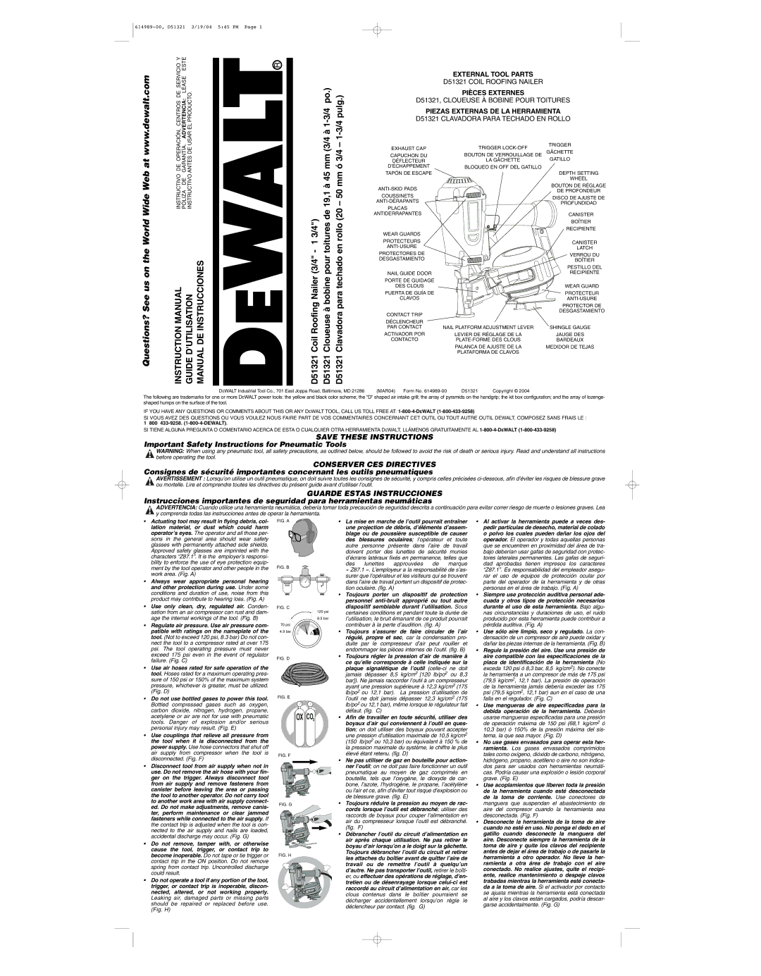 DeWalt D51321 instruction manual Important Safety Instructions for Pneumatic Tools, Conserver CES Directives 