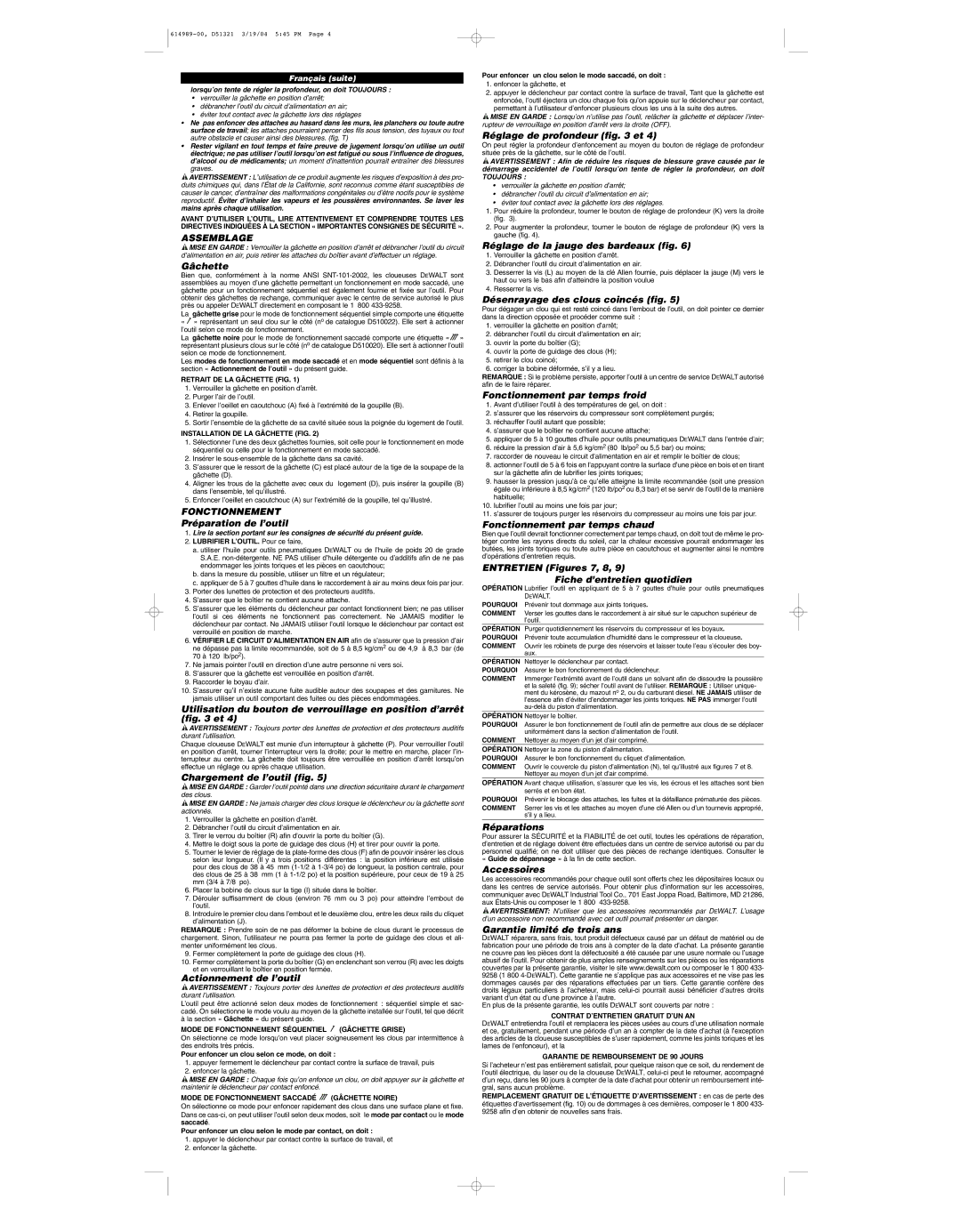 DeWalt D51321 instruction manual Assemblage, Fonctionnement 