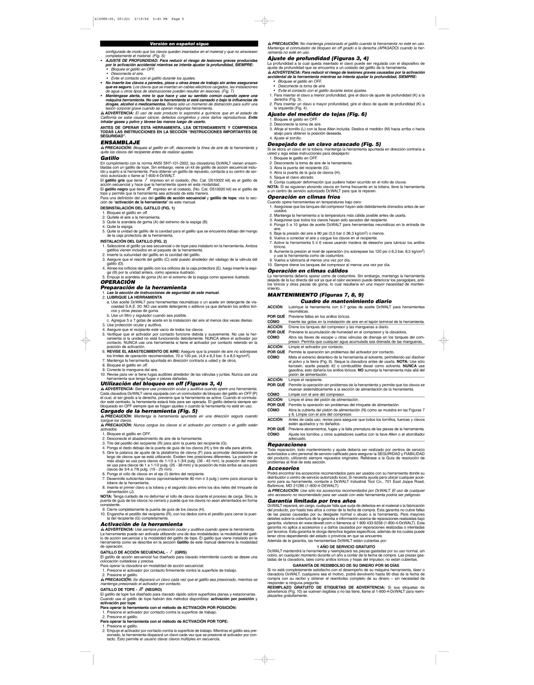 DeWalt D51321 instruction manual Ensamblaje, Operación 