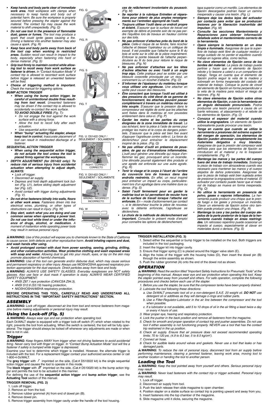 DeWalt D51422, D51420 instruction manual Assembly, Using the Lock-off Fig, Trigger, Operation, Loading the Tool 