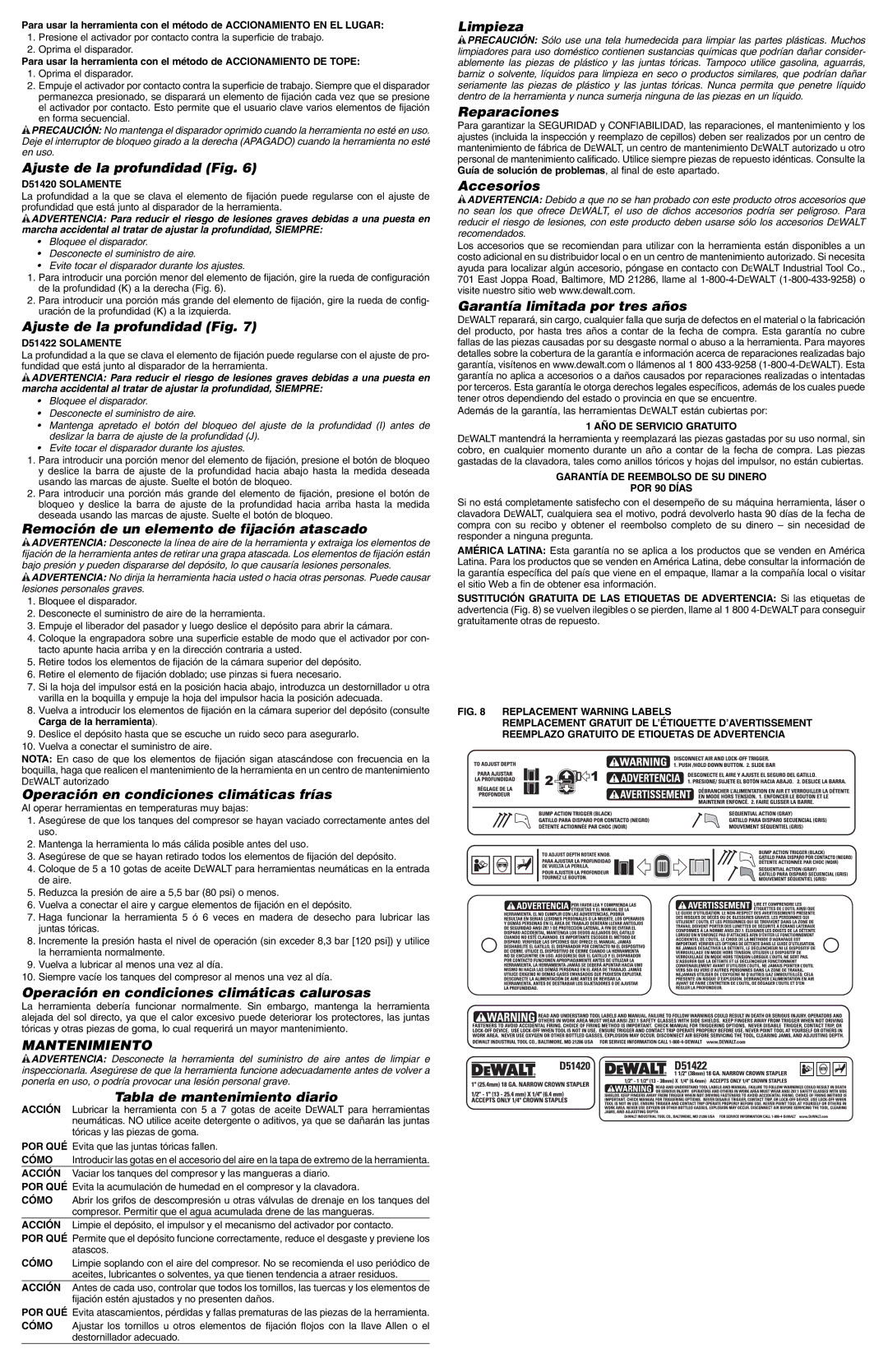 DeWalt D51422, D51420 instruction manual Mantenimiento 