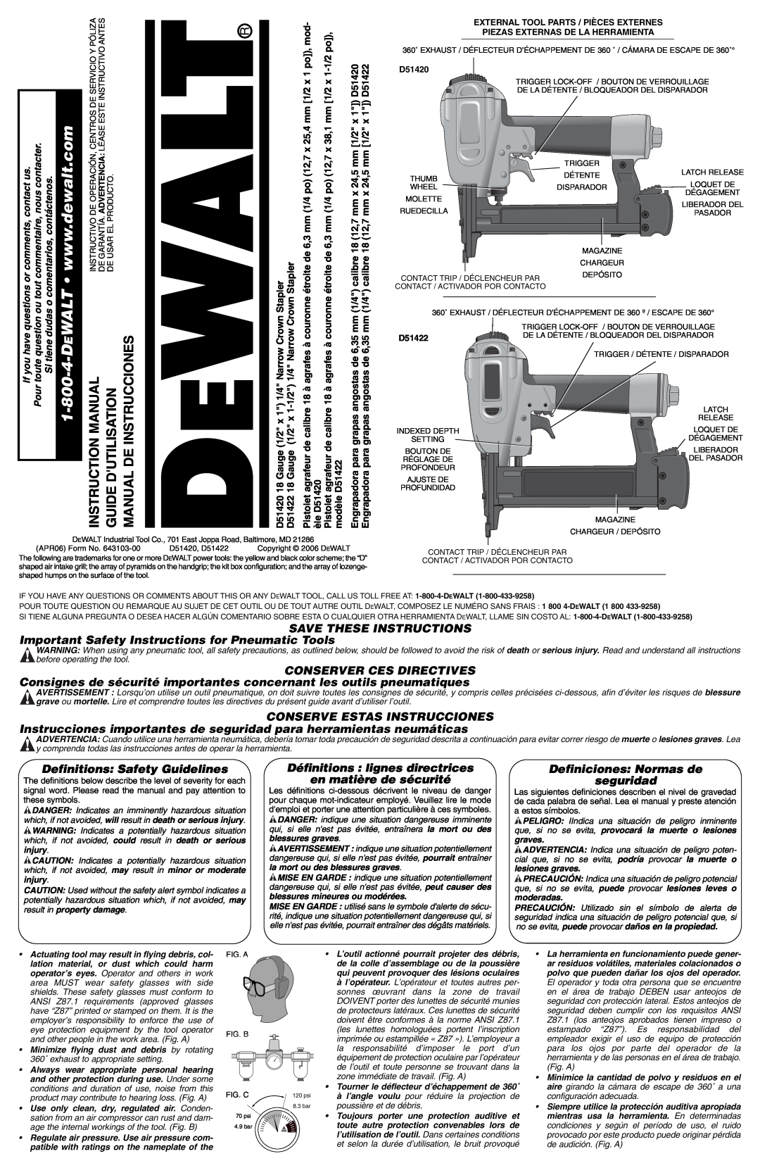 DeWalt D51422, D51420 instruction manual Walt, 1-800-4-DE, Instruction Manual Guide Dutilisation Manual De Instrucciones 