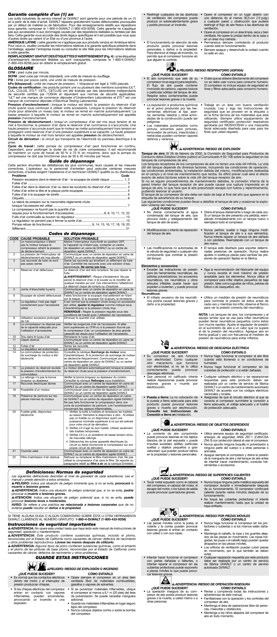 DeWalt D55146 Garantie complète d’un 1 an, Glossaire, Guide de dépannage, Codes de dépannage, Guarde estas instrucciones 