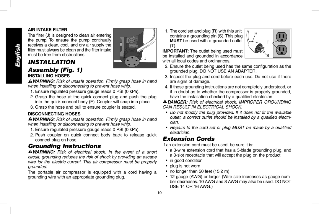 DeWalt D55146R instruction manual Installation, Assembly Fig, Grounding Instructions, Extension Cords 