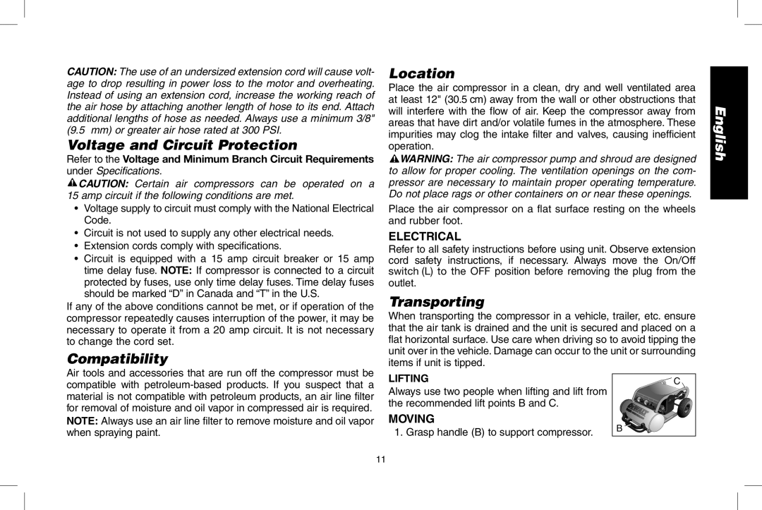 DeWalt D55146R instruction manual Voltage and Circuit Protection, Compatibility Location, Transporting, Lifting 