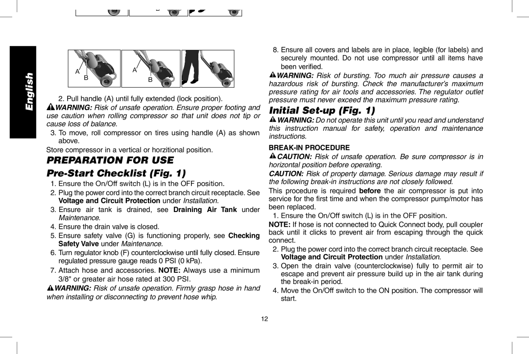 DeWalt D55146R instruction manual Preparation for USE, Pre-Start Checklist Fig, Initial Set-up Fig, BREAK-IN Procedure 