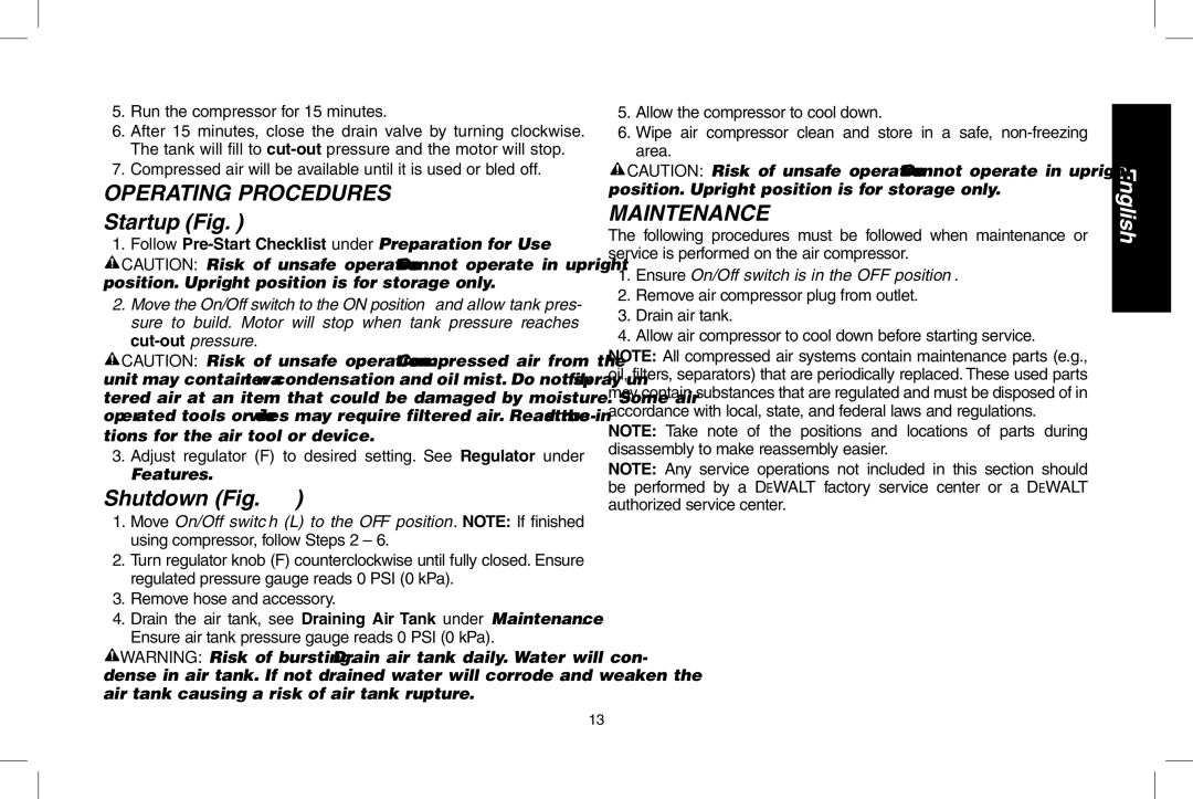 DeWalt D55146R instruction manual Operating Procedures, Start-up Fig, Shut-down Fig, Maintenance 