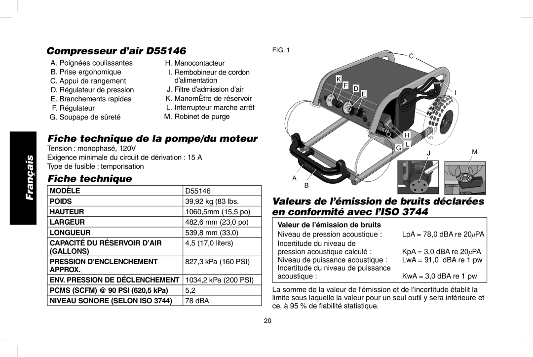 DeWalt D55146R instruction manual Compresseur d’air D55146, Fiche technique de la pompe/du moteur 