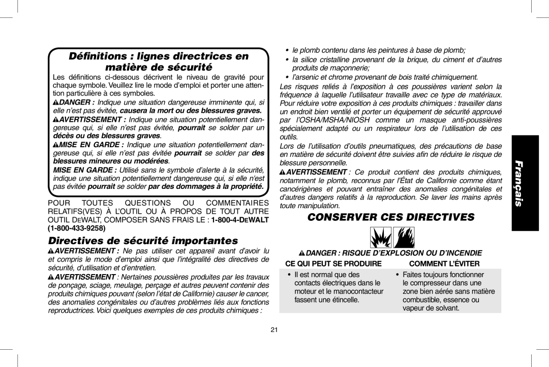 DeWalt D55146R instruction manual Déﬁnitions lignes directrices en Matière de sécurité, Directives de sécurité importantes 