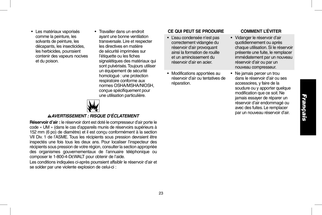 DeWalt D55146R instruction manual Comment L’ÉVITER, Avertissement Risque D’ÉCLATEMENT 