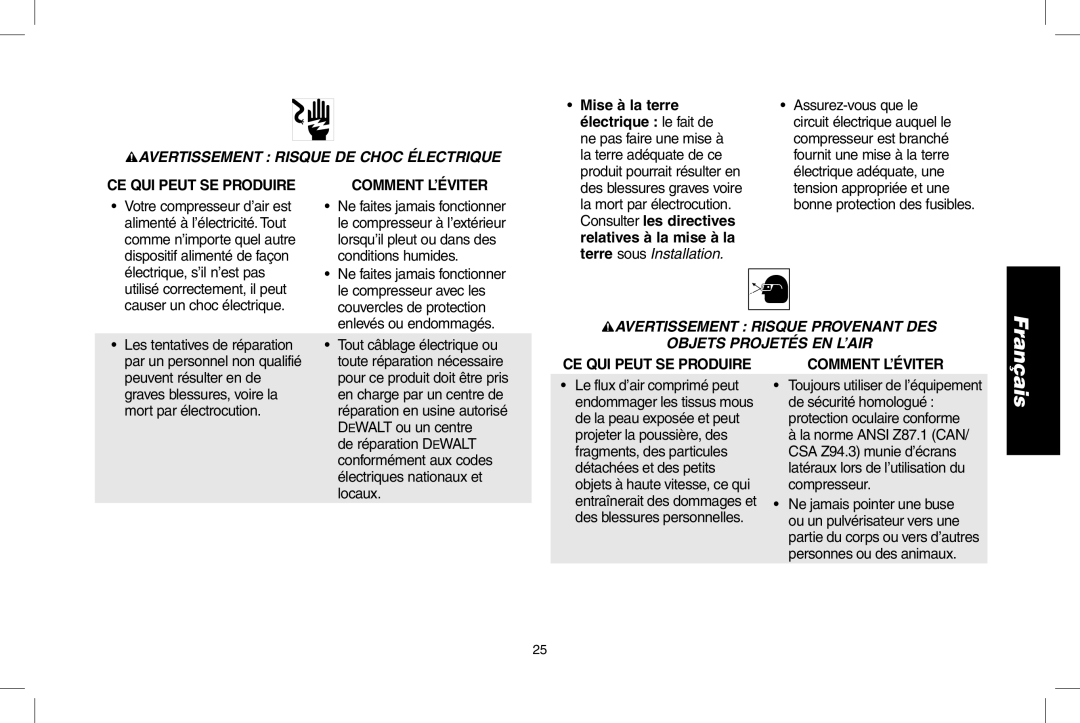 DeWalt D55146R instruction manual Avertissement Risque DE Choc Électrique, Mise à la terre, Électrique le fait de 