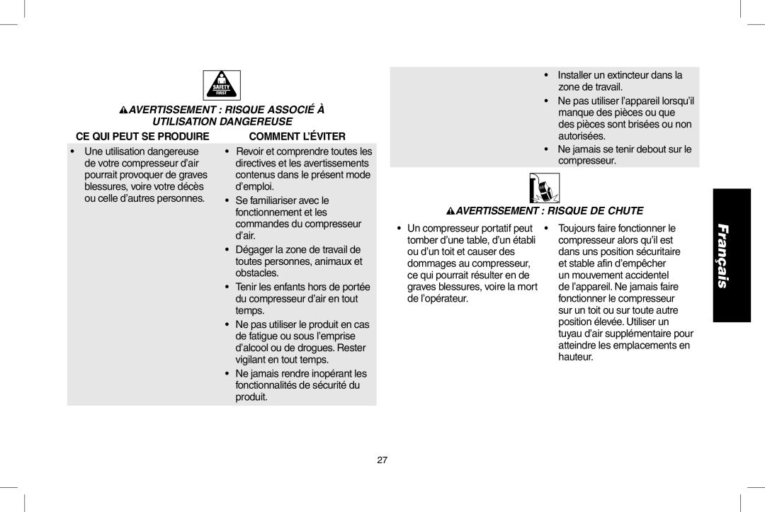 DeWalt D55146R instruction manual Avertissement Risque Associé À Utilisation Dangereuse, Avertissement Risque DE Chute 