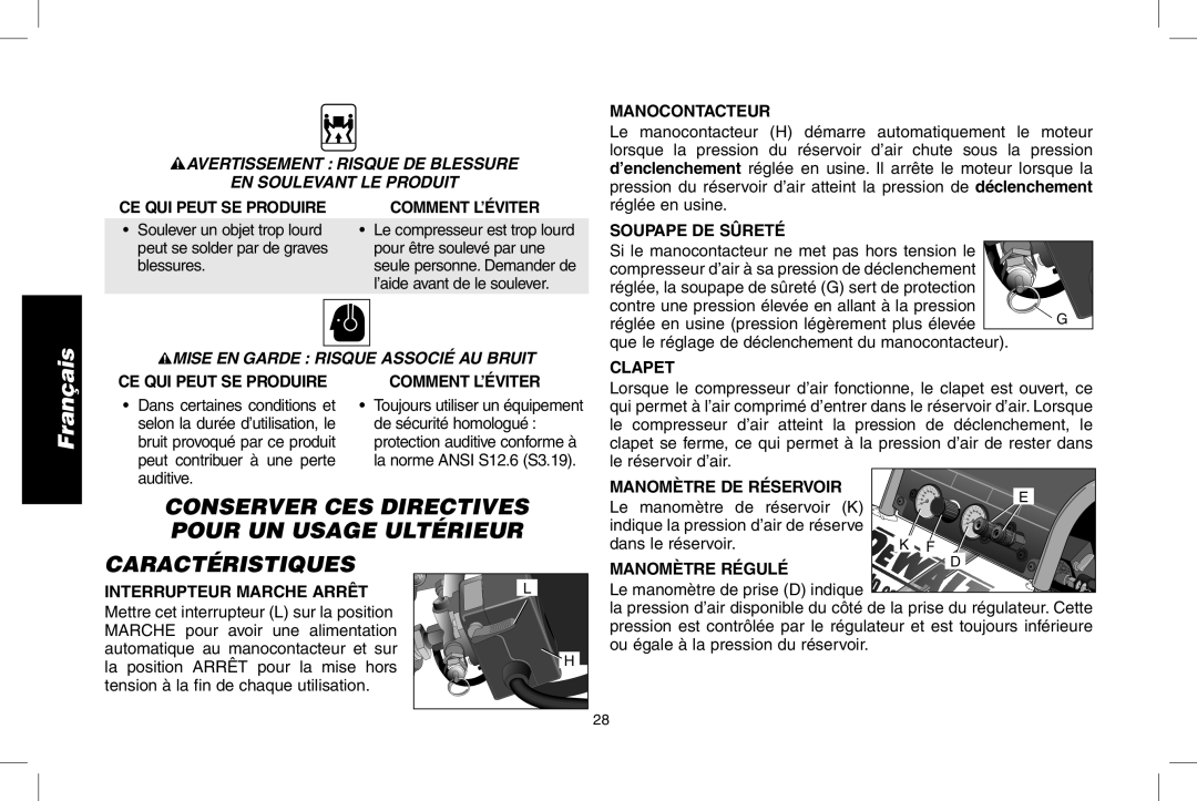 DeWalt D55146R Conserver CES Directives Pour UN Usage Ultérieur, Caractéristiques, Mise EN Garde Risque Associé AU Bruit 