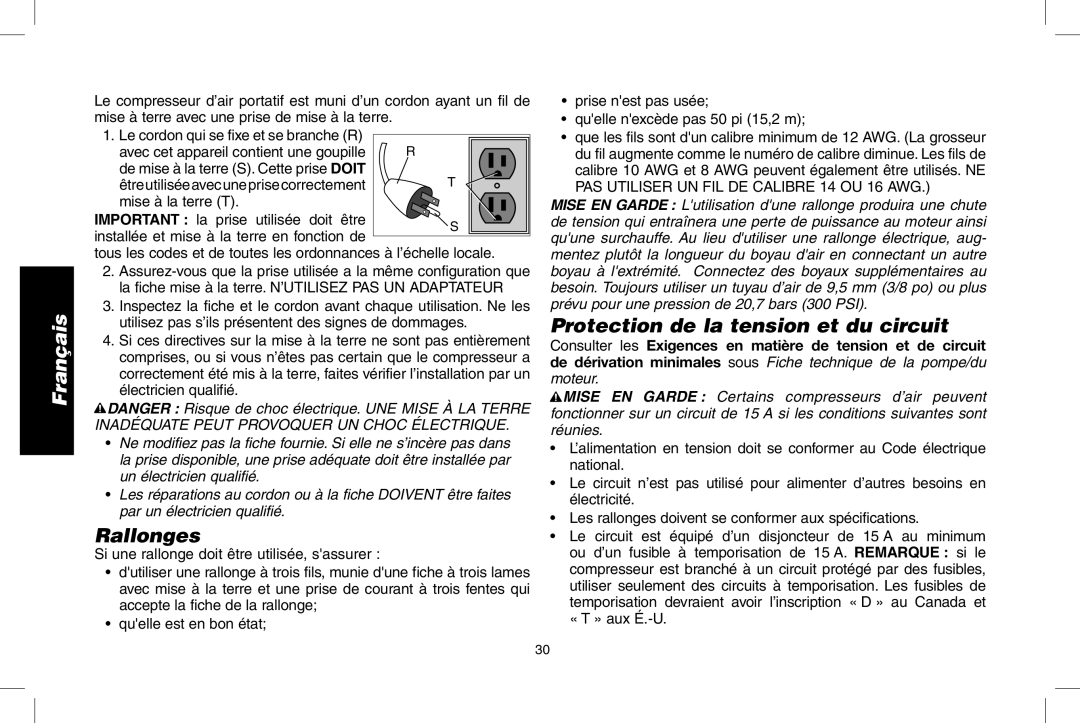 DeWalt D55146R instruction manual Rallonges, Protection de la tension et du circuit 