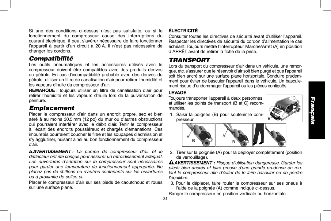 DeWalt D55146R instruction manual Compatibilité, Transport, Emplacement, Électricité, Levage 