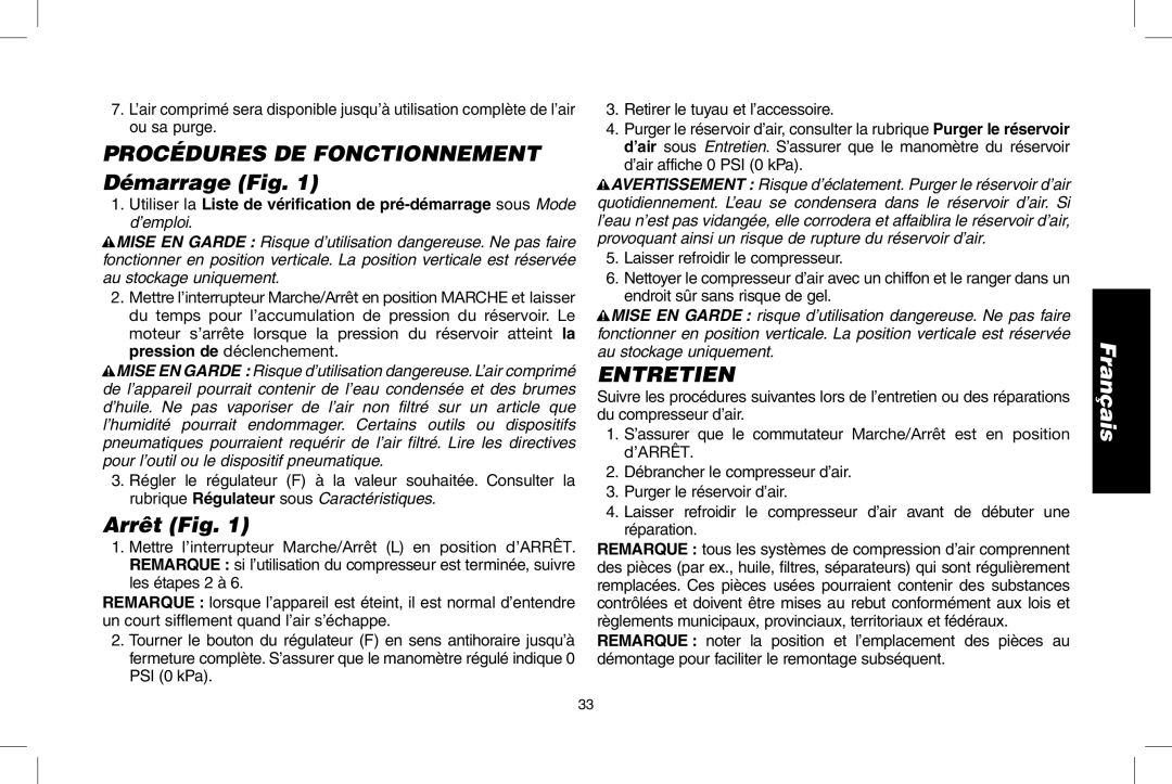 DeWalt D55146R instruction manual Procédures DE Fonctionnement Démarrage Fig, Arrêt Fig, Entretien 