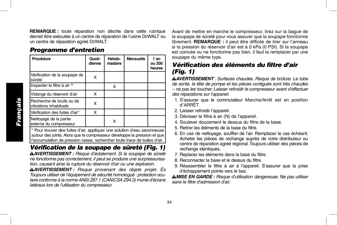 DeWalt D55146R Programme d’entretien, Vériﬁcation de la soupape de sûreté Fig, Vériﬁcation des éléments du ﬁltre d’air Fig 