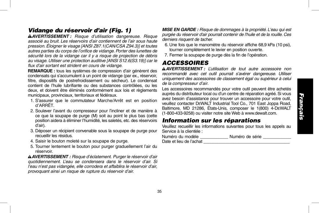 DeWalt D55146R instruction manual Vidange du réservoir d’air Fig, Accessoires, Information sur les réparations 