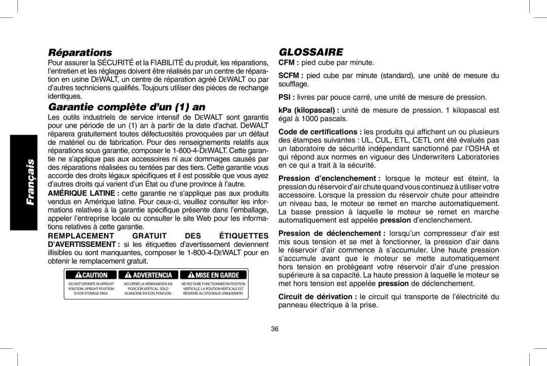 DeWalt D55146R instruction manual Réparations, Garantie complète d’un 1 an, Glossaire 