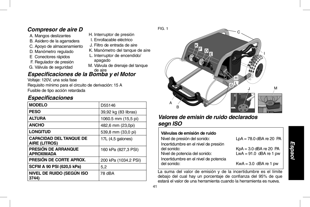 DeWalt D55146R instruction manual Compresor de aire D55146, Especificaciones de la Bomba y el Motor 