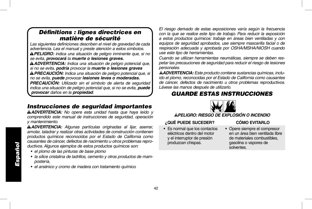 DeWalt D55146R Instrucciones de seguridad importantes, Guarde Estas Instrucciones, Peligro Riesgo DE Explosión O Incendio 